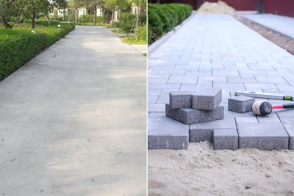 A concrete pathway alongside a paved area in a Melbourne garden