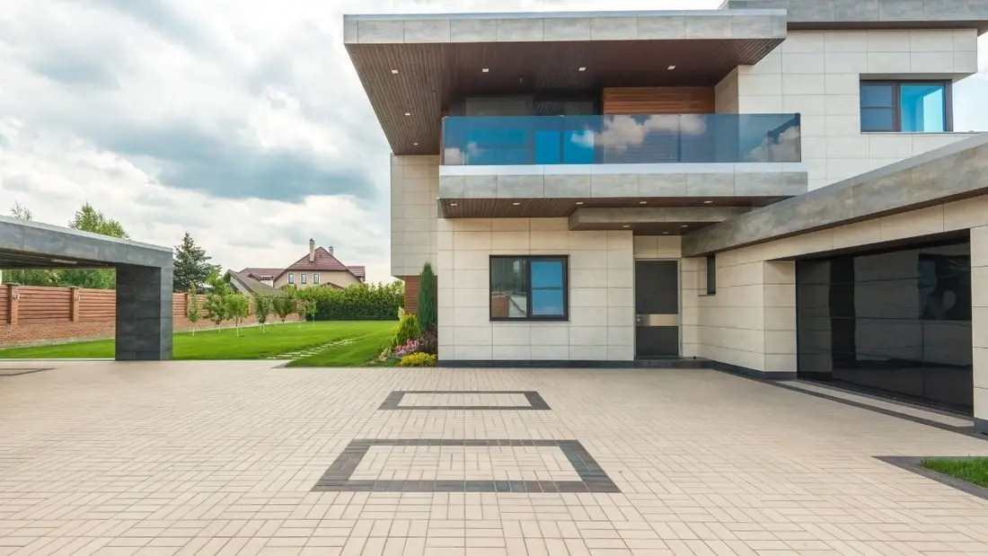 A modern home with a custom stamped concrete driveway