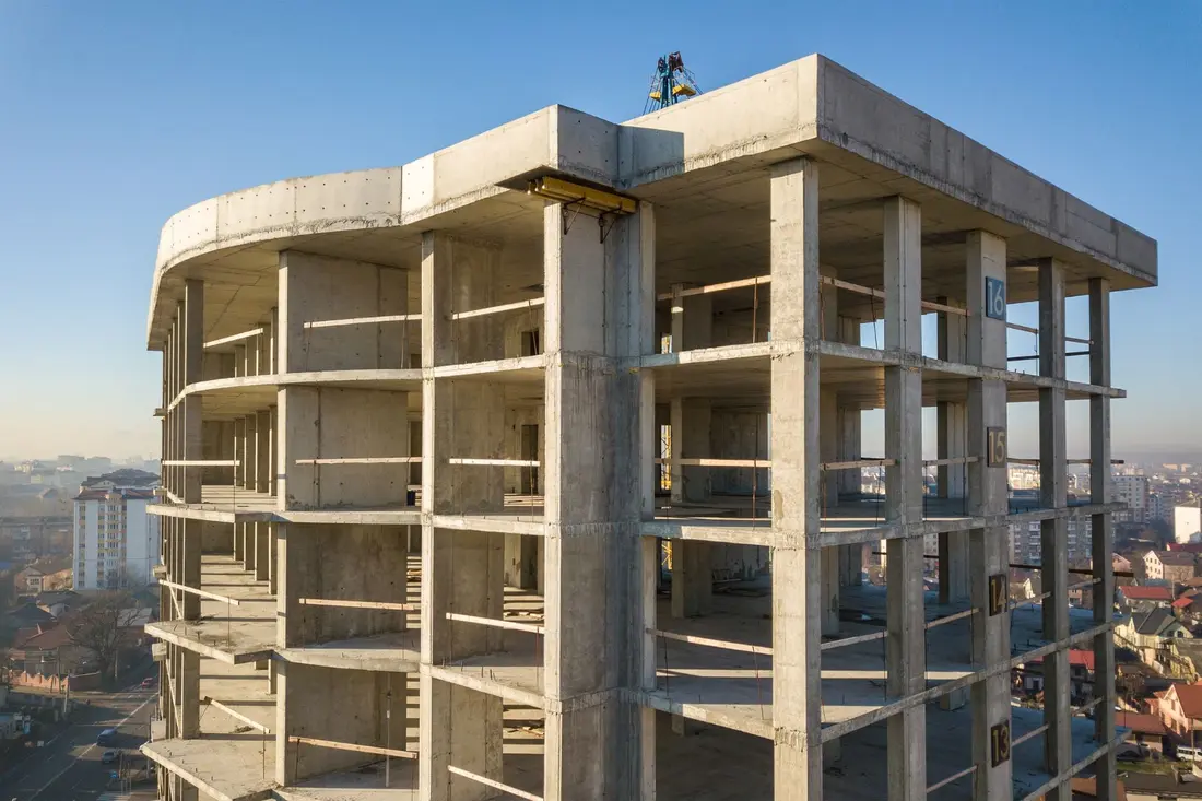 Precast concrete panels being installed at a construction site